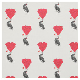 Romantic crow and red love heart fabric