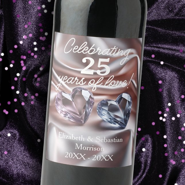 Romantic Crystal Hearts 25th Wedding Anniversary Wine Label (Creator Uploaded)