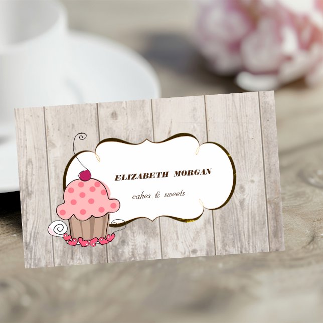 Romantic  Cupcake Bakery ,Wood Texture Business Card (Creator Uploaded)