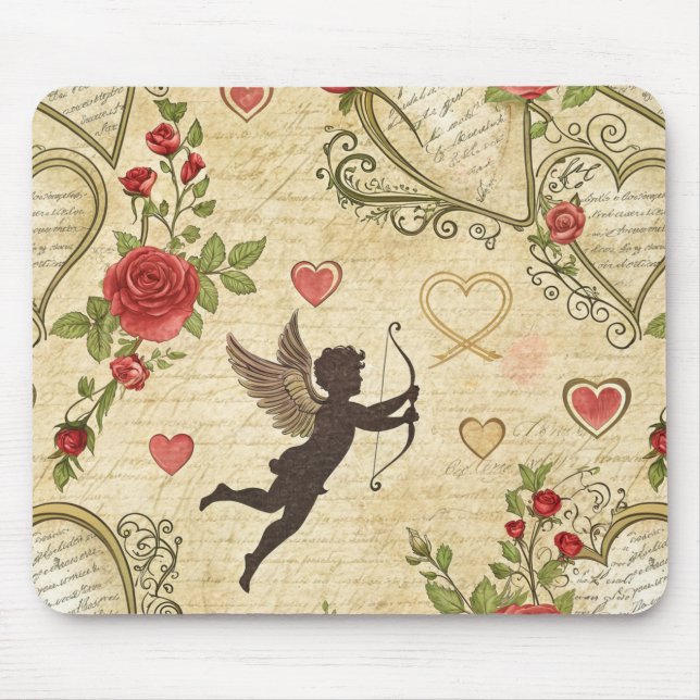 Romantic Cupid Victorian Calligraphy Valentine Mouse Pad (Front)
