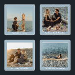 Romantic Custom Calligraphy Add Your Own Photo Coaster Set<br><div class="desc">A 4 piece set with the ability to personalise a different photo on each coaster against a muted blue background. The theme is endless love, boundless friendship, limitless laughs, and countless memories in a romantic calligraphy script. Easily customise photo and message of choice. Makes a unique wedding gift, housewarming, anniversary,...</div>
