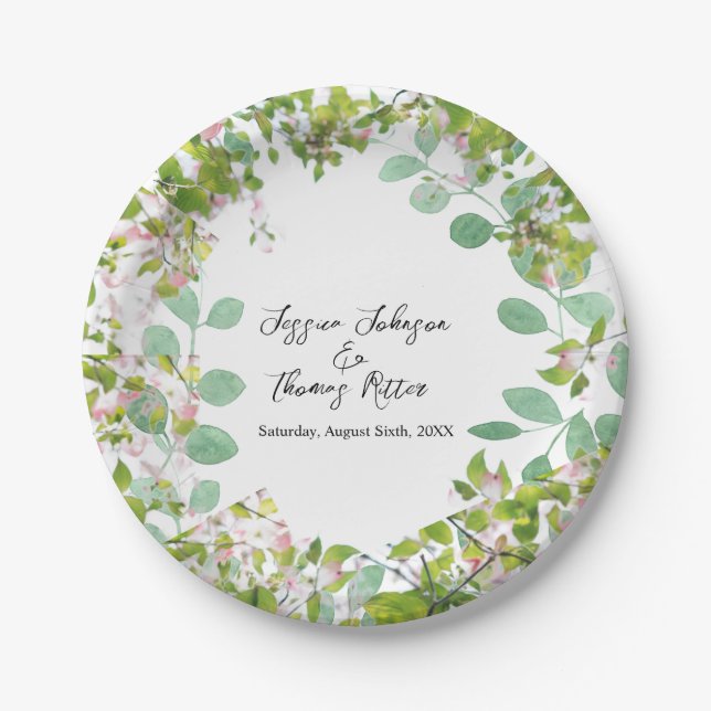 Romantic Custom Eucalyptus Summer Wedding Paper Plate (Front)