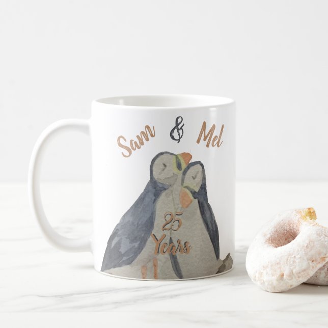 Romantic Cute Anniversary Birds Watercolor Puffins Coffee Mug (With Donut)