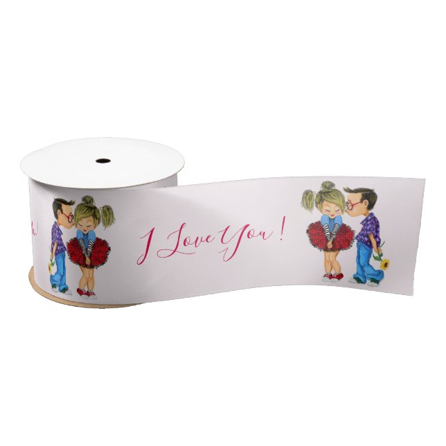 Romantic Cute Couple Ribbon with Text - I love You Satin Ribbon (Spool)