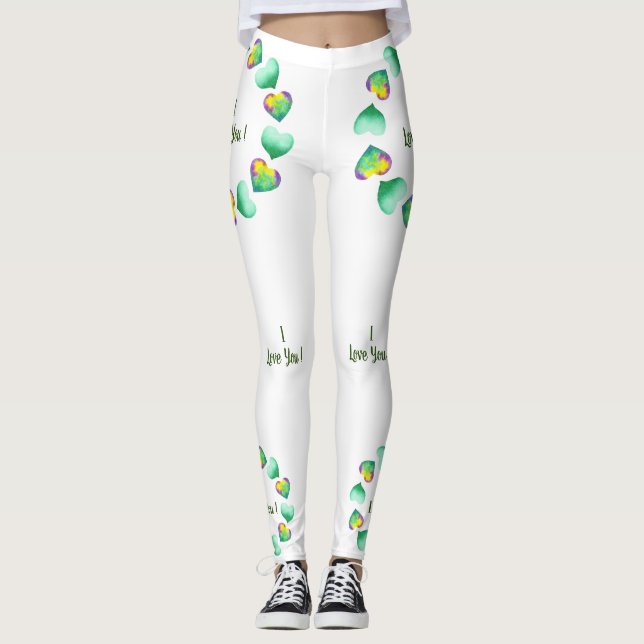 Romantic Cute Watercolor Green Valentine's Day Leggings (Front)