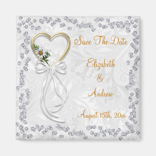 Romantic Daisy, Diamonds & Ribbon Save The Date Magnet