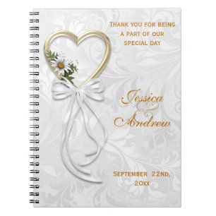 Romantic Daisy, Gold Heart & White Ribbon Spiral Notebook