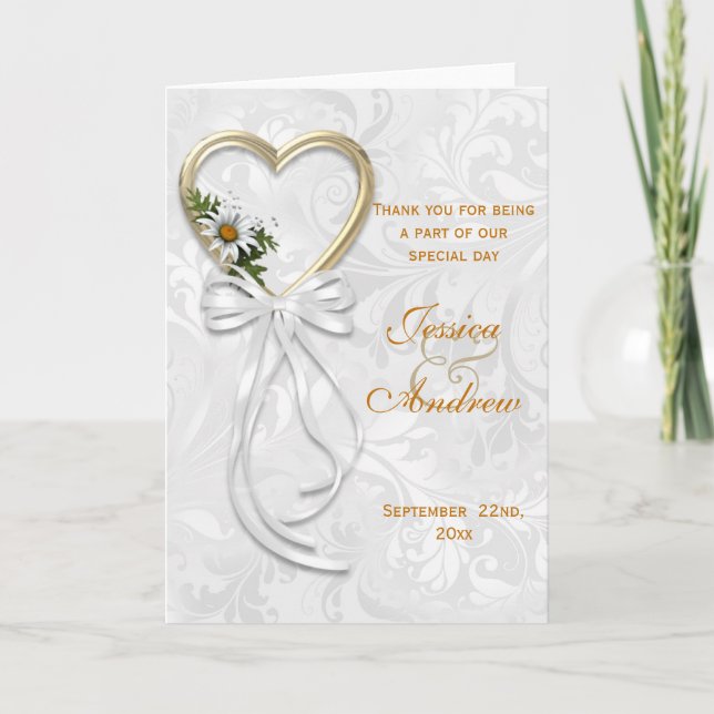 Romantic Daisy, Gold Heart & White Ribbon Thank You Card (Front)