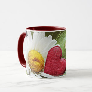 Romantic Daisy with Red Heart Accents Mug