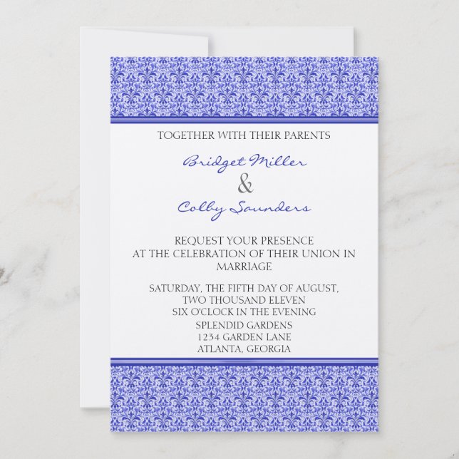 Romantic Damask Wedding Invite, Royal Blue Invitation (Front)