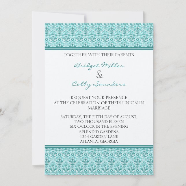 Romantic Damask Wedding Invite, Turquoise Invitation (Front)