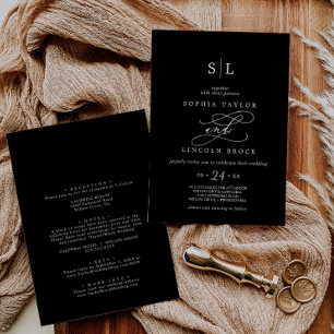 Romantic   Dark Black Monogram All In One Wedding Invitation