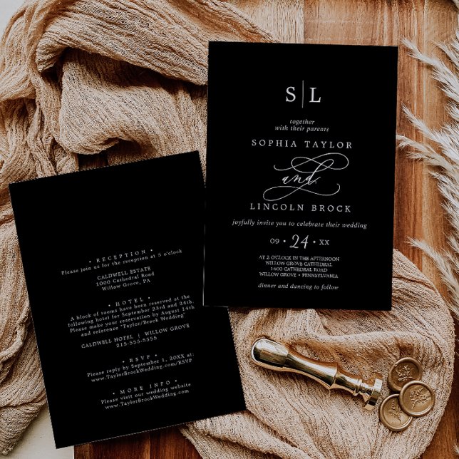 Romantic | Dark Black Monogram All In One Wedding Invitation (Creator Uploaded)