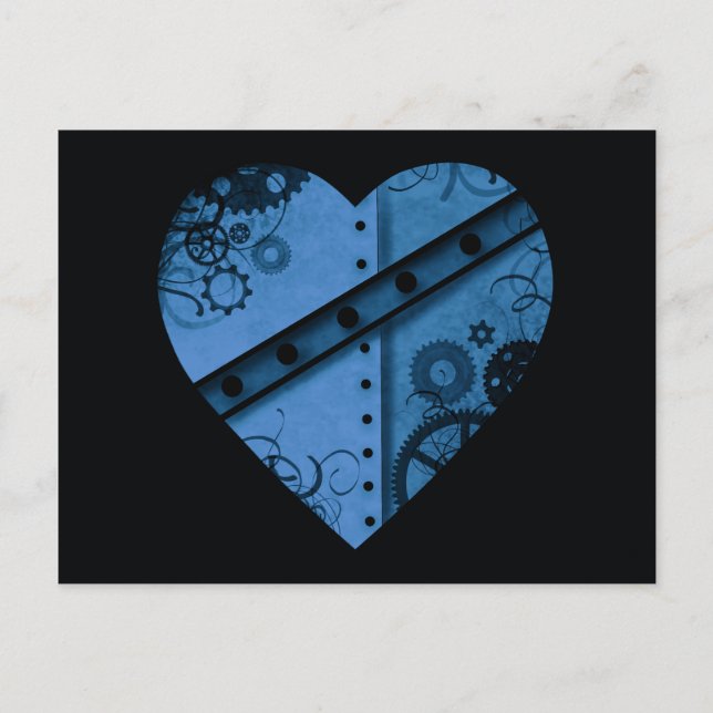 Romantic dark blue steampunk heart postcard (Front)