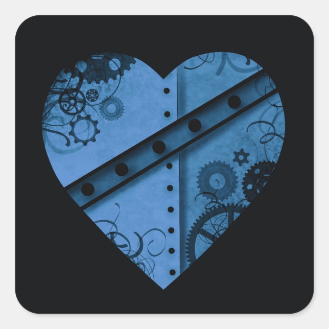 Romantic dark blue steampunk heart square sticker (Front)