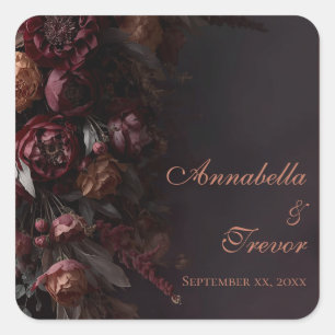 Romantic Dark Fall Floral Burgundy Custom Name Square Sticker