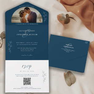 Romantic Dark & Moody Blue Wedding Photo All In One Invitation