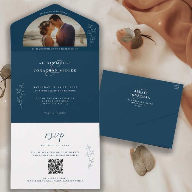 Romantic Dark & Moody Blue Wedding Photo   All In One Invitation (Creator Uploaded)