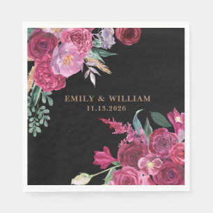 Romantic Dark Moody Burgundy  Floral Black Wedding Napkin