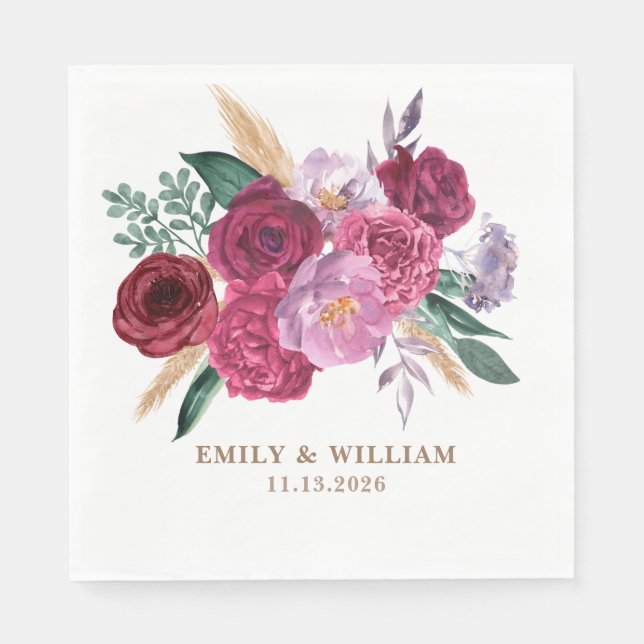 Romantic Dark Moody Burgundy Maroon Floral Wedding Napkin (Front)