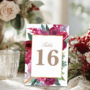 Romantic Dark Moody Burgundy Maroon Floral wedding Table Number