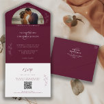 Romantic Dark & Moody Burgundy Wedding Photo  All In One Invitation<br><div class="desc">A modern and romantic mood-trending design in dark burgundy adorned with botanical and calligraphy script accents. Follow the guide above to replace personal wedding details including your favourite photo. An all-in-one wedding invitation that includes an rsvp card with an option to scan the QR code, and/or visit your wedding website....</div>