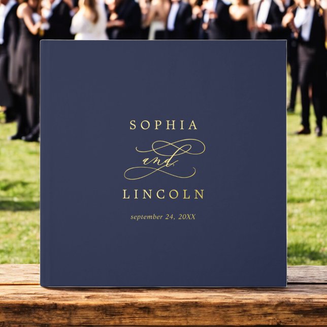 Romantic Dark Navy Blue Gold Foil Monogram Wedding Guest Book (Romantic Dark Navy Blue Gold Foil Monogram Wedding Foil Guest Book)