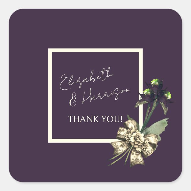 Romantic Dark Plum Ivory Script Wedding Thank You Square Sticker (Front)