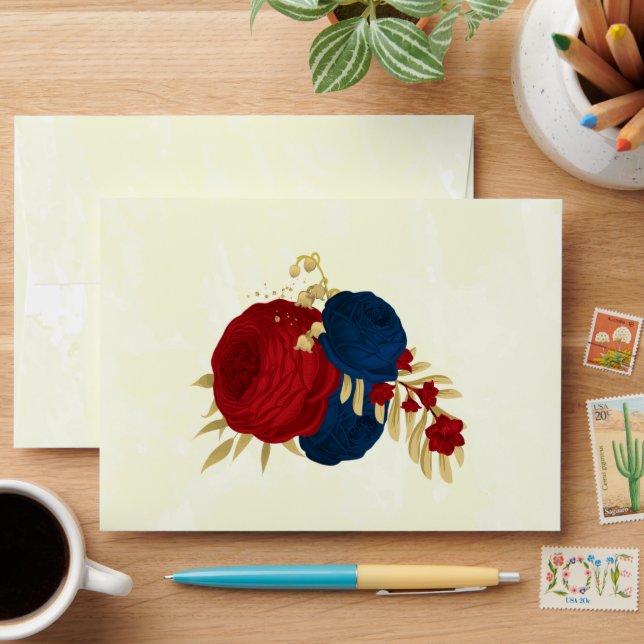 Romantic dark red & navy blue flowers gold envelope (Desk)