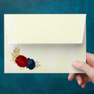Romantic dark red & navy blue flowers gold envelope