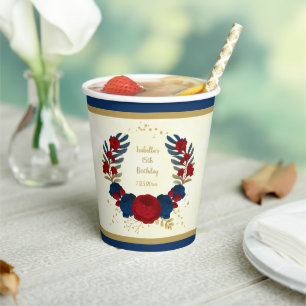 Romantic dark red & navy blue flowers gold paper cups
