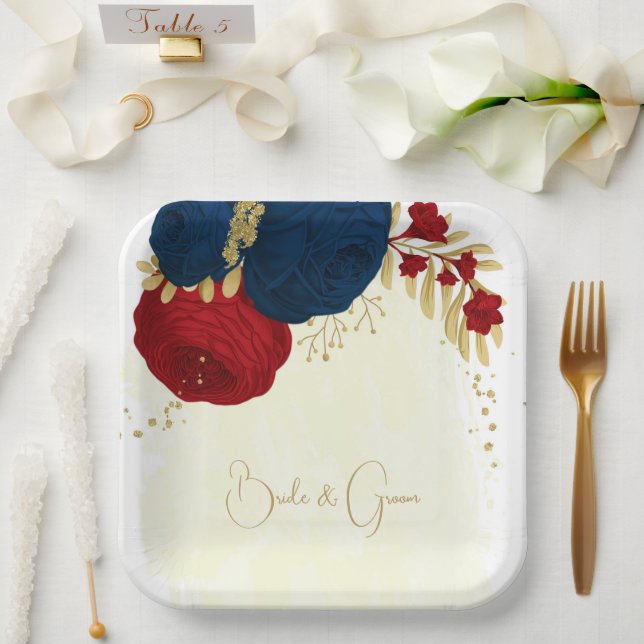 Romantic dark red & navy blue flowers gold paper plate (Wedding)