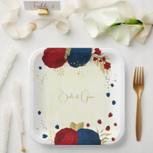 Romantic dark red & navy blue flowers gold paper plate