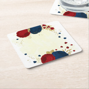 Romantic dark red & navy blue flowers gold wedding square paper coaster