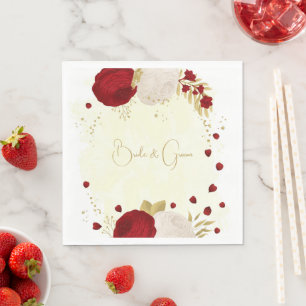 Romantic dark red & white flowers gold napkin