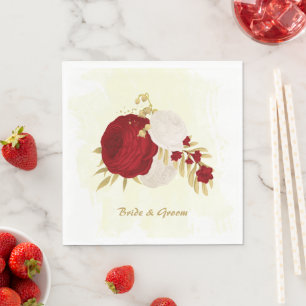 Romantic dark red & white flowers gold napkin