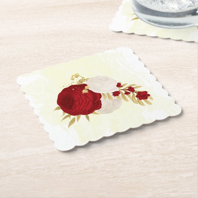 Romantic dark red & white flowers gold wedding paper coaster (Angled)