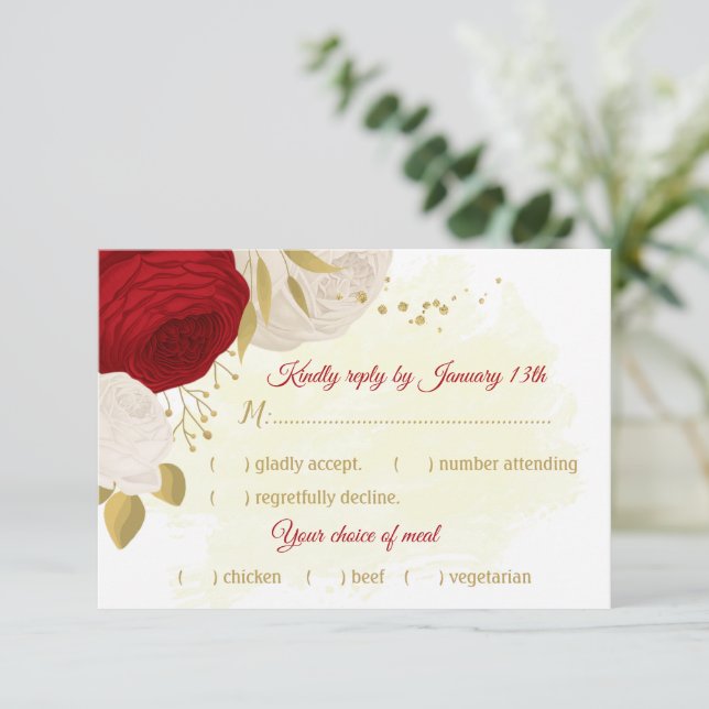 Romantic dark red & white flowers meal choice RSVP card (Standing Front)