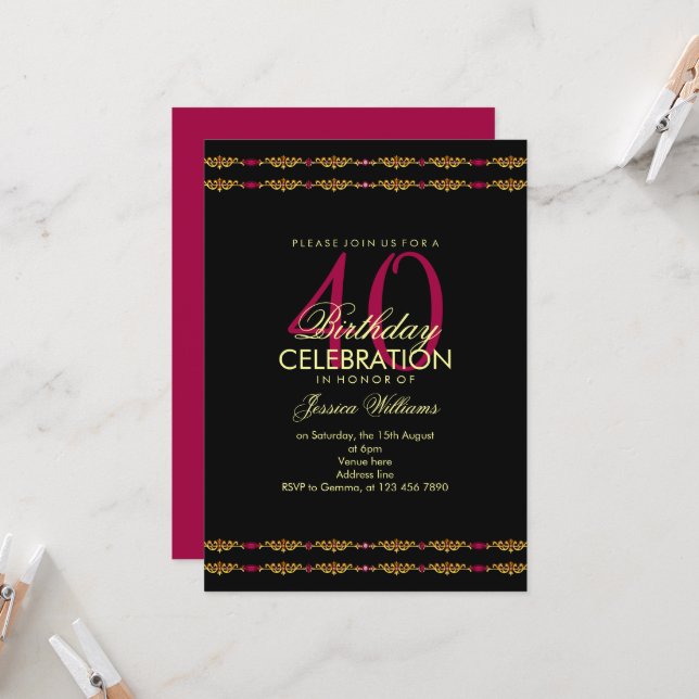 Romantic Decorative Border, Garnet Gem Birthday Invitation (Front/Back In Situ)