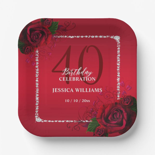 Romantic Decorative Roses Birthday Party Paper Plate (Front)