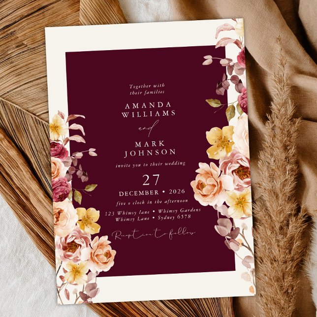 Romantic Deep Burgundy Floral Elegant Wedding Invitation (Creator Uploaded)