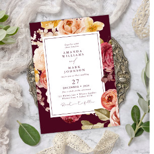 Romantic Deep Burgundy Floral Elegant Wedding Invitation