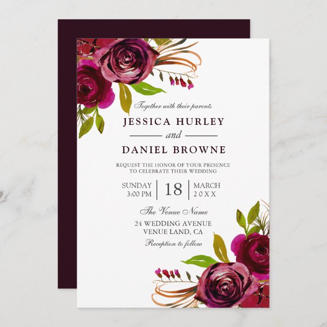 Romantic Deep Burgundy Red Rose Wedding Invitation (Front/Back)