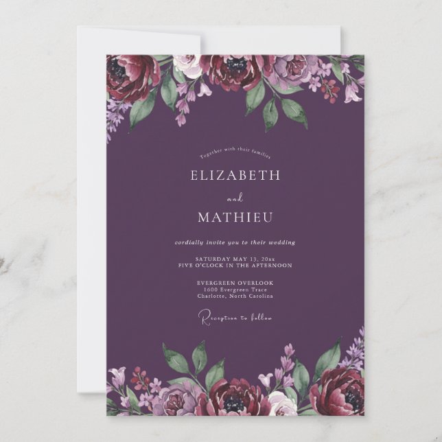 Romantic Deep Plum Peony Wedding Invitation (Front)