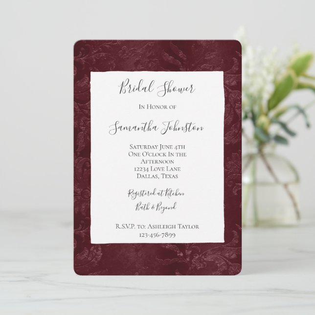 Romantic Deep Red Burgundy Floral Bridal Shower Invitation (Standing Front)