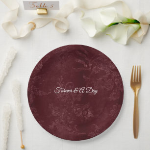 Romantic Deep Red Burgundy Floral Wedding Paper Plate