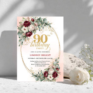 Romantic Deep Red Floral Gold 90th Birthday Invite