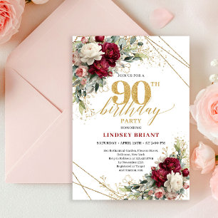 Romantic Deep Red Gold Floral 90th Birthday Invite