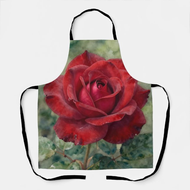 Romantic Deep Red Rose Bloom Apron (Front)