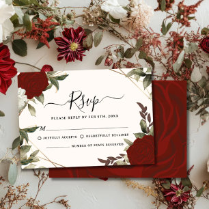 Romantic deep red rose floral Winter Wedding RSVP Card